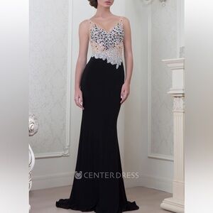 Beyond Sheath Crystal Sleeveless V-Neck Long Evening Dress